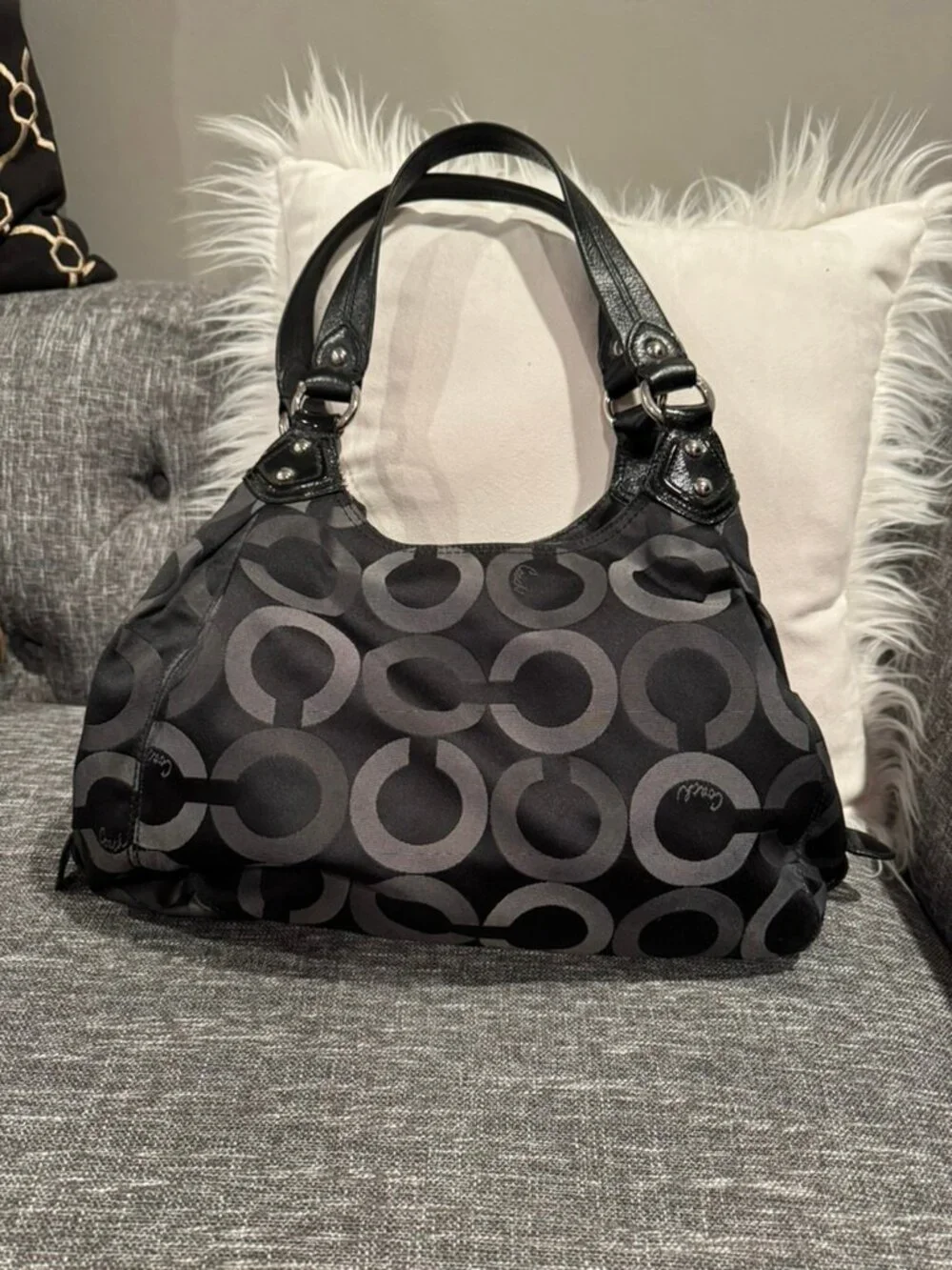 Coach Op Art Multi-Compartment Shoulder Bag – Black Gray Jacquard – Style 15573
